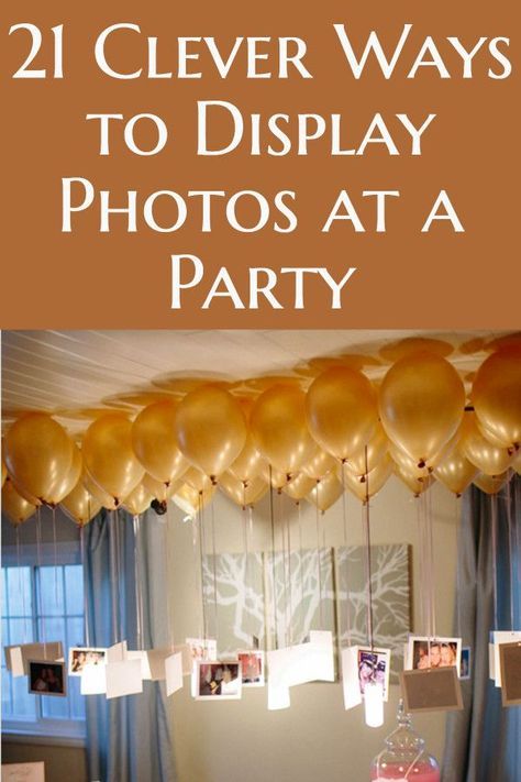 Party Decoration Ideas - Looking for clever ways to display photos at a party?  Find 20+ easy DIY ways to display pictures at any party - birthday, anniversary, engagement or wedding!  #party #partyideas #partydecor #birthdayparty #partydecorations #anniversaryparty Ways To Display Pictures, Easy Birthday Party Decorations, Ways To Display Photos, Photo Centerpieces, 50th Wedding Anniversary Decorations, 75th Birthday Parties, 50th Birthday Party Decorations, 90th Birthday Parties, Wedding Anniversary Decorations