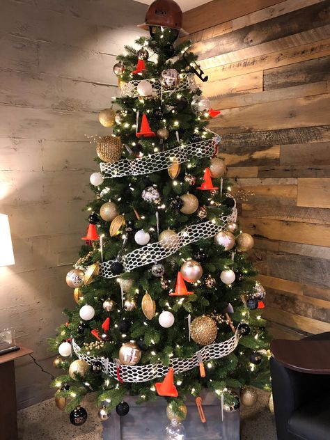 Construction Theme Christmas Tree, Construction Christmas Tree, Ward Christmas Party Ideas, Theme Christmas Tree, Construction Christmas, Christmas Tree Theme, Ward Christmas Party, Themed Christmas Tree, Christmas Party Ideas