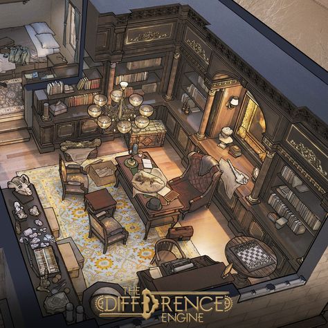 House Concept Art Interior, Fantasy House Concept Art, Fantasy House Concept, Difference Engine, Steampunk Office, House Concept Art, Fancy Apartment, Interior Concept Art, House Concept