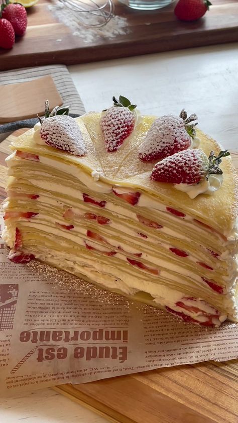 Crepe Cake ⏲🎞 written details on insta Crepe Cake Recipe, Sliced Strawberries, Crepe Cake, Pretty Dessert, 3 Eggs, Homemade Whipped Cream, Deilig Mat, Food Obsession, Lemon Zest