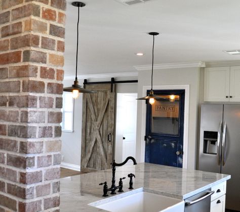 Basement Master, Chicago Ideas, Brick Accent Wall, Mudroom Laundry, Kitchen Goals, Reclaimed Doors, Post Lighting, Faux Brick, Pantry Door