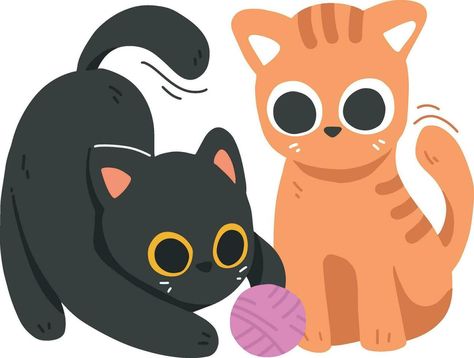 Cute Playful Black Cat and Orange Cat Playing with Ball of Yarn Celebrating International Cat Day Black Cat X Orange Cat, Orange Cat Drawing, Black Cat Orange Cat, Cat Playing With Ball, Kitty Face Paint, Black Cat Drawing, Cat Orange, Black Cat Tattoos, Orange Kittens