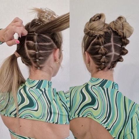 Summer High Space Buns Hairstyle ! ☀️💇‍♀️🪐 | hairstyle, summer | Summer High Space Buns Hairstyle ! ☀️💇‍♀️🪐 | By Simple Power Buns Hairstyles, Space Bun Concert Hair, Bubble Braid Into Space Bun, Space Buns With Flowers, Bubble Space Buns, Cute Dance Hairstyles Jazz, All The Way Up Hairstyles, Space Buns Kids Hair, 2 High Buns Hairstyle