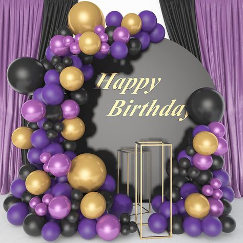 Black Gold And Lavender Party, Lavender And Black Party Decorations, Purple Black And Gold Birthday Theme, Purple Gold Black Decorations, Purple And Black Balloon Arch, Purple Black Gold Centerpieces, Black Purple Gold Party Decorations, Purple Black And Gold Graduation Party, Purple Gold Black Party