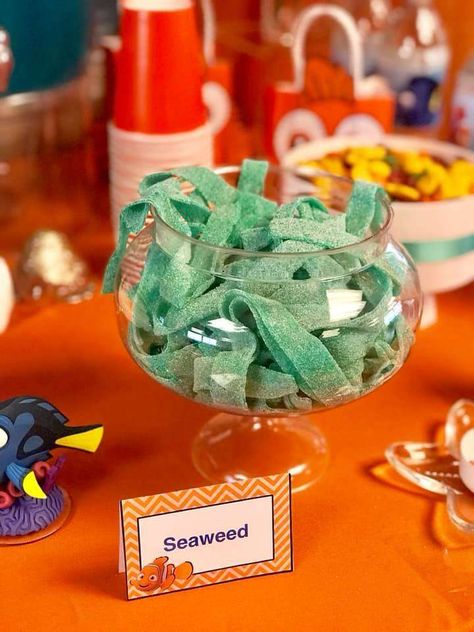 Finding Nemo Birthday Party | CatchMyParty.com Nemo Party Food, Dory Birthday Party Ideas, Nemo Party Decorations, Finding Nemo Theme, Nemo Baby Shower, Finding Nemo Baby, Finding Dory Birthday Party, Dory Birthday Party, Finding Dory Party