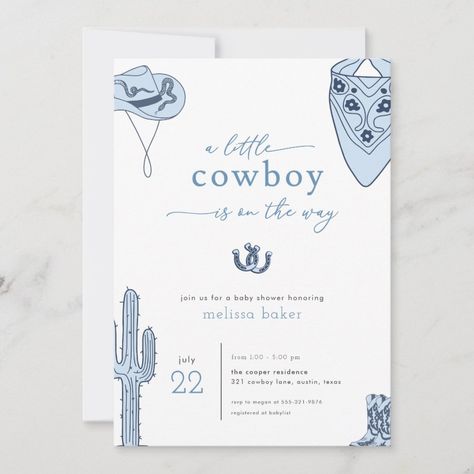 Western Blue Little Cowboy Baby Shower Invitation Zazzle Cowboy Baby Shower Theme, Cowboy Baby Shower Invitations, Cowboy Invitations, Cowboy Nursery, Texas Baby, Blue Baby Shower Invitations, Invite Design, Cowboy Baby Shower, Cowboy Baby