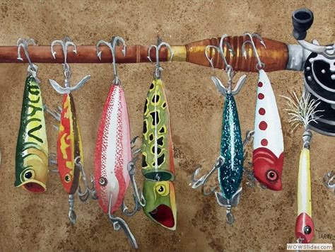 Fishing Lures Fishing Lures Painting, Painted Fishing Lures, Watercolor Fly Fishing Flies, Fishing Lure Crafts, Fishing Lure Painting, Fishing Lure Art, Bass Painting, Christmas Canvases, Fishing Lures Art