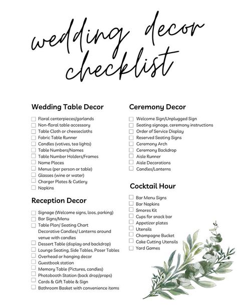 Wedding Day Decor Checklist, Basic Wedding Decorations, Ceremony Decor Checklist, Essential Wedding Decorations, Wedding Decor Packages, At Home Wedding Checklist, Decor Needed For Wedding, Wedding Diy Checklist, Wedding Decor Planning