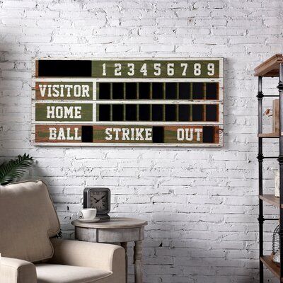 This wooden blackboard is a fun take on an American classic. A scoreboard with a distressed vintage look, it's made from pine and MDF for a genuine feel. | Winston Porter 'Wooden Scoreboard' Print on Wood in Brown / Gray / Green | 21.93 H x 48 W x 1.5 D in | Wayfair | Home Decor Vintage Sports Bedroom Target, Big Boy Boss Room, Vintage Boys Room Target, Baseball Room Target, Football Room Wall Art, Sports Boys Room Walmart, Big Boy Bedroom Art, Kids Baseball Room Walmart, Football Wall Art For Kids