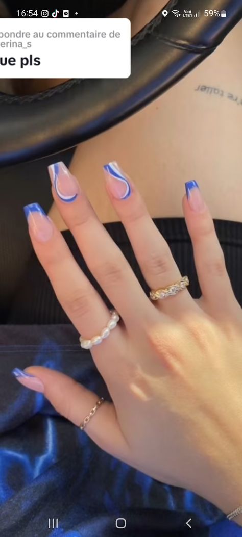 Graduation Nails Acrylic Blue And White, Prom Nail Inspo Royal Blue, Royal Blue Prom Dress Nail Ideas, Royal Blue Nails Designs Short Round, Nail Inspo For Blue Dress, Blue Concert Nails, Royal Blue Nail Ideas Acrylic, Blue Nail Designs Prom, Grade 8 Grad Nails Acrylic