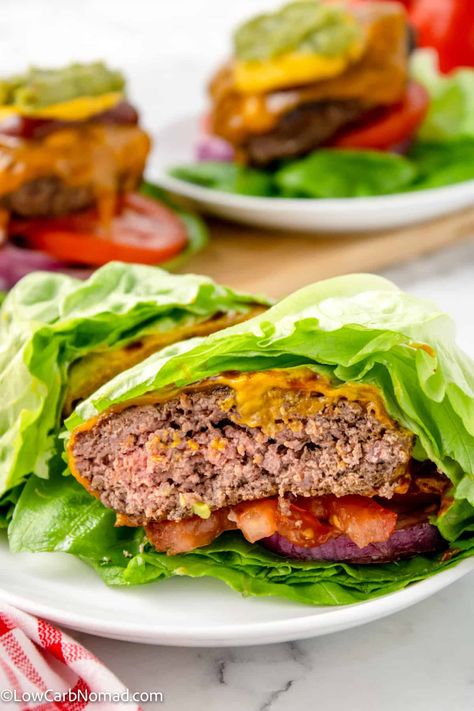 No Carb Burger, Keto Burger Recipes, Lettuce Wrap Burger, Lettuce Burger, Wrap Burger, Keto Burgers, Keto Hamburger, Lettuce Wrapped Burger, Grilled Side Dishes