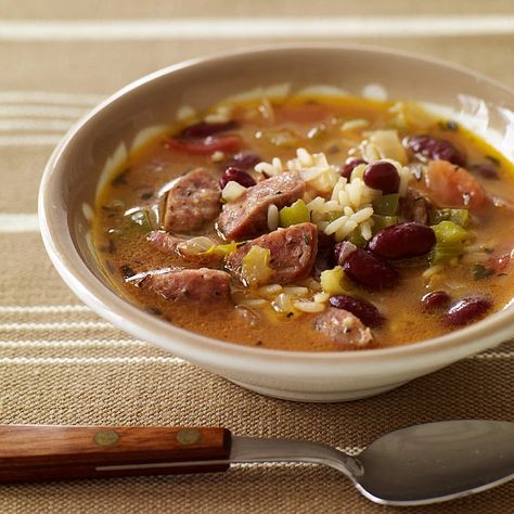 Slow cooker red bean, sausage and rice soup | Recipes | WW USA Sausage And Rice Soup, Bean Sausage, Slow Cooker Red Beans, Sausage And Rice, Sausage Rice, Rice Soup Recipes, Red Beans And Rice, Recipes Soup, Beans And Rice