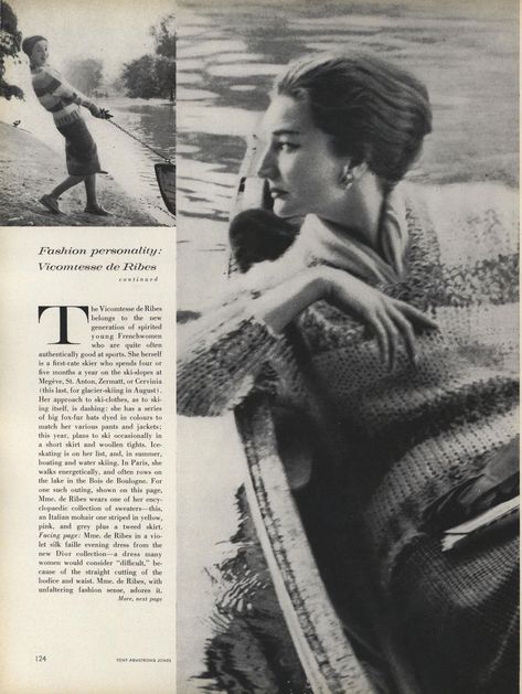 The Fashion Personality of a Great Beauty: Vicomtesse de Ribes.  Photo by Lord Snowdon.  Vogue, December 1959.  Page 3/6. Woolen Tights, Jacqueline De Ribes, Lord Snowdon, Skiing Outfit, Zermatt, Vintage Elegant, Chic Woman, Fox Fur, Old Money