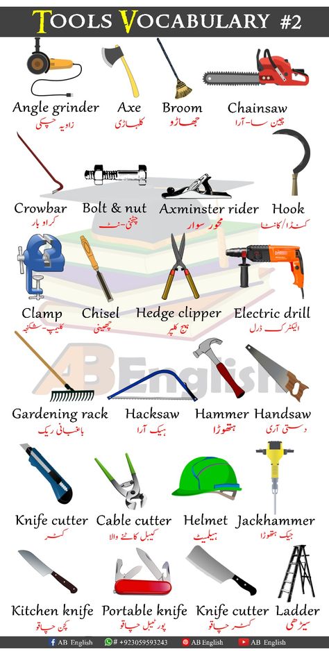 Here are Tools names in English with urdu. That you can learn basic English Vocabulary from this Pin. So, if you want to learn Pronunciation of these Vocabulary, please you can Visit. Tools Vocabulary, Basic English Vocabulary, Human Body Vocabulary, Name Of Vegetables, Basic English Sentences, English Phrases Sentences, English Learning Books, To Learn English, Learning English For Kids