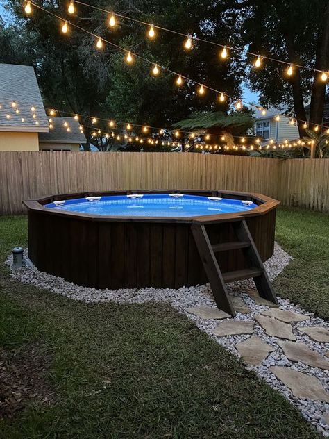 Backyard Oasis With Pool On A Budget, Above Ground Pool Ideas Round, Small Pool Area Decorating Ideas, Plastic Pool Ideas Backyards, Decorate Around Above Ground Pool, Over Ground Pool Ideas, Renter Friendly Pool Ideas, Above Ground Pool Setup Ideas, Above Ground Pool Makeover