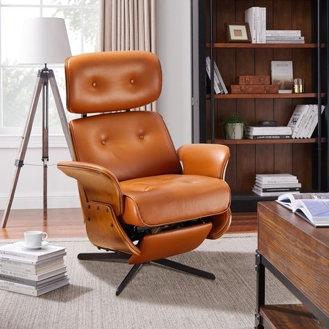 Art Leon Mid-century Modern Genuine Leather Lounge Chair Recliner - Bed Bath & Beyond - 37779909 Comfy Office Chair Mid Century, Recliner For Desk, Recling Office Chair, Modern Recliner Chairs Overstock, Home Office Chairs Men, Men Office Chairs, Leons Furniture Living Rooms, Cooper Mid-century Leather Swivel Office Chair, Modern Power Recliners In Living Room