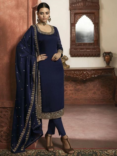 Superior blue silk festive wear lehenga suit available for shopping at Inddus. Shop this stunning wear for navratri and diwali festival celebration. This elegant style comprises with silk bottom also paired with net dupatta (Come with Lehenga and Pant). Celana Fashion, Kurti Style, Lehenga Suit, Straight Cut Pants, Churidar Suits, Silk Kurti, Tunic Designs, Lehenga Style, Designer Salwar Suits