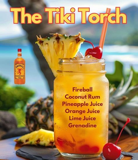 Tiki Torch Tiki Torch Drink, Fireball Cocktails, Summer Drinks Alcohol Recipes, Rum Drinks Recipes, Bartender Drinks Recipes, Bartender Drinks, Liquor Recipes, Summer Drinks Alcohol, Cocktail Drinks Alcoholic