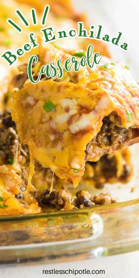 This easy beef enchilada casserole recipe is made with corn tortillas for authentic Tex-Mex flavor. Layers of ground beef, cheese, black beans, and corn tortillas are covered with red enchilada sauce and then baked to gooey perfection. Hamburger And Corn Tortilla Recipes, Beef Enchiladas With Red Sauce Corn Tortillas, Ground Beef Tortilla Casserole, Mexican Casseroles Using Ground Beef, Beef Enchilada Casserole Corn Tortillas, Dinners With Tortillas, Enchalidas Casserole Beef, Beef Enchilada Casserole Flour Tortillas, Recipes With Corn Tortillas Easy