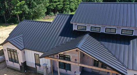 Matte Black metal roof on a home in Ohio Matte Black Metal Roof, Black Tin Roof, Roof Renovation, Black Metal Roof, Zinc Roof, Metal Deck, Black Roof, Steel Roofing, Metal Roofing