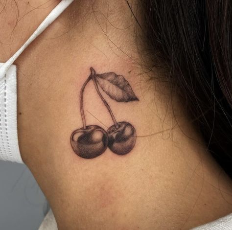 Super pretty and aesthetic cherry tattoo. very detailed Black Cherry Tattoo, Pretty Poison, Cherry Tattoo, Cherry Tattoos, Tattoo Shading, Tattoo Now, Detailed Tattoo, Image Swag, Hair Tattoos