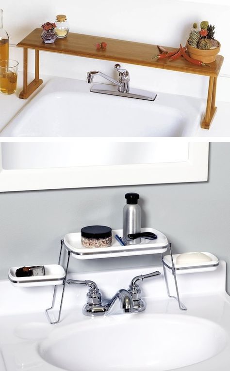 #28. Above the faucet shelf. Creates extra counter space! | 29 Sneaky Tips For Small Space Living Bathroom Counter Space, Extra Counter Space, Small Space Hacks, Ideas Baños, Diy Casa, Casa Vintage, Small Space Storage, Bathroom Counter, Small Space Diy