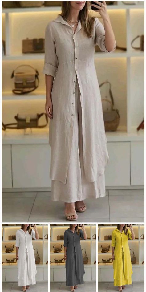 Casual Solid Color Buttons Shirt Collar Long Sleeve Two Pieces(7 Colors) Linen Two Piece Set, Straight Clothes, Fall Winter Dresses, Two Piece Pants Set, Jeans Cargo, Maxi Robes, Linen Style, Dress Store, Turndown Collar