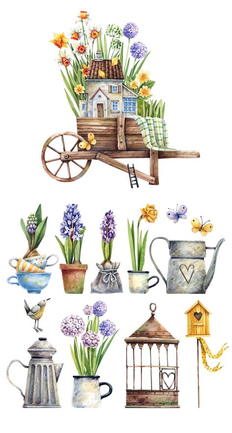 butterflies; watering can; tin; flora; white; drawing; bloom; isolated; romantic; bouquet; set; leaf; element; decoration; design; plant; floral; nature; flower; scrapbooking; watercolor illustration; hand drawn; hand painted; texture; watercolor; graphic; art; illustration; garden; spring; summer; spring flowers; primroses; daffodils; muscari Nature Elements Illustration, Gardening Illustration Art, Watering Plants Illustration, Watering Can Drawing, Spring Illustration Art, Garden Illustration Art, Gardening Watercolor, Watering Can Illustration, Garden Graphic Design