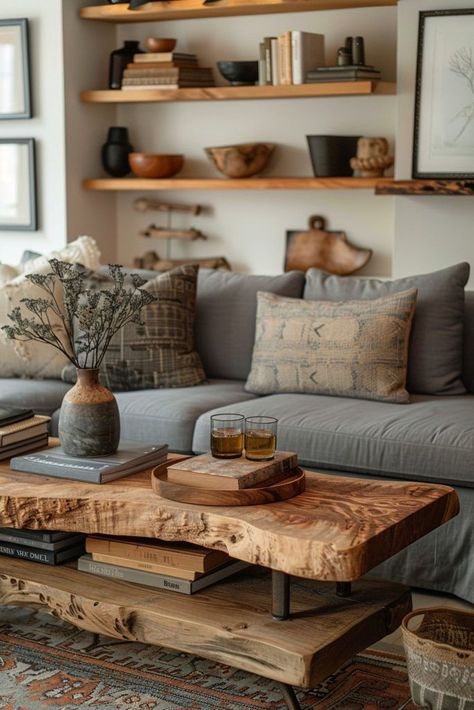 Grey Couch With Wood Coffee Table, Two Toned Couch, Grey Couch And Wood Living Room, Modern Farmhouse Grey Couch Living Room, Small Living Room Natural Colors, Grey Couch Coffee Table Ideas, Gray And Earth Tone Living Room, Grey And Light Wood Living Room, Grey And Wood Furniture