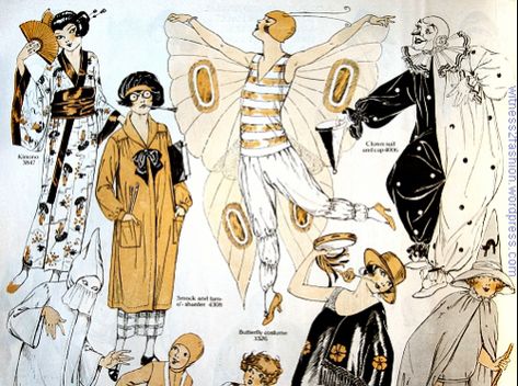 Butterick costume patterns, Delineator, November 1924. (The magazine would have come out in October.) Butterfly Costumes, Pierrot Costume, Butterfly Halloween Costume, Interesting Poses, 1920s Halloween, Halloween Costume Patterns, Costume Illustration, Old Halloween Costumes, Halloween Board