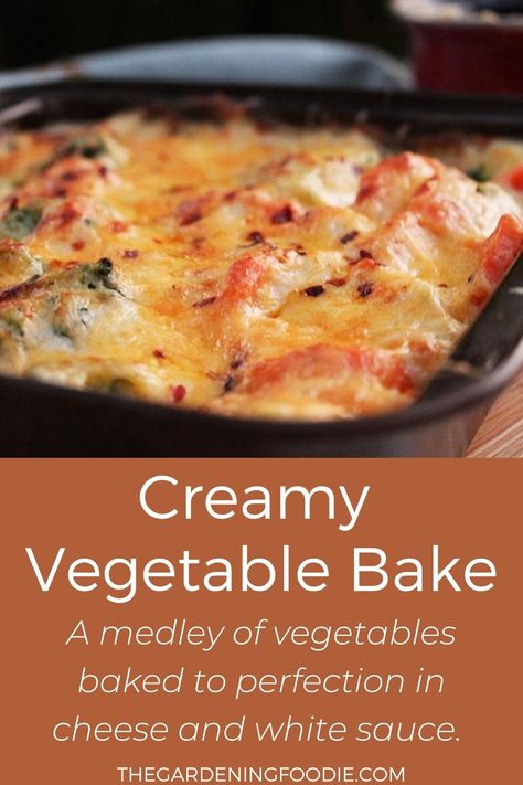 This Creamy Vegetable Bake is a medley of vegetables baked to perfection in cheese and white sauce. It is total indulgence with the goodness of veggies. Garden Fresh Vegetable Bake, Creamed Vegetables Side Dishes, Veggies In White Sauce, Vegetable Oven Bake, Creamy Vegetable Bake, Baked Veggies Oven Recipe, Vegetable Casserole Recipes Easy, Baked Veggies Oven, Veggie Medley Recipes