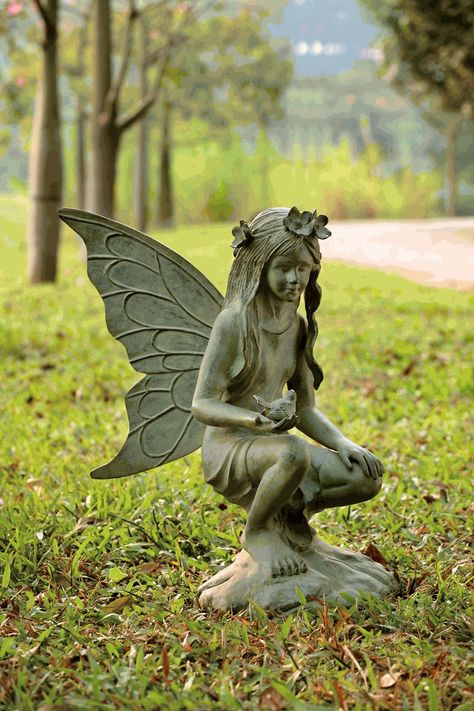 Features: -Constructed from aluminum. Product Type: -Statue. Color: -Green. Style: -Traditional. Material: -Metal. Theme: -Fairy. Dimensions: Overall Height - Top to Bottom: -26". Overall Widt Large Fairy Garden, Detailed Sculpture, Hair Falling, Outdoor Garden Statues, Fairy Statues, Magic Garden, Flowing Dress, The Secret Garden, Magical Garden