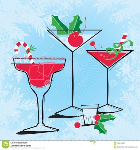 Retro-style Holiday Cocktails. Illustration about christmas, cocktail, dirty, 1980, backgrounds, blue, illustration, bright, holly, imagery, kitsch, drink, frame, cherry - 108132957 Mid Century Modern Christmas Cards, Christmas Vector Art, Christmas Graphic Design, Cute Christmas Cards, Cocktail Illustration, Mid Century Modern Christmas, Mid Century Holiday, Modern Christmas Cards, Christmas Vector