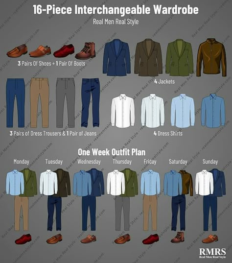 Antonio Centeno (RMRS) on Instagram: “256 outfits from just 16 pieces of clothing. A new outfit every day for 8 months? It is possible IF you focus on interchangeabilityin your…” Business Casual Men Work, Interchangeable Wardrobe, Business Casual Attire For Men, Stil Masculin, Mens Work Outfits, Smart Casual Work Outfit, Blazer Outfits Men, Mens Business Casual Outfits, Mens Office