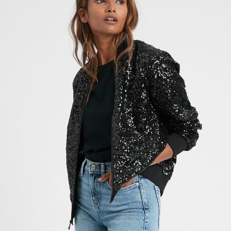 Banana Republic Women's Size Small Black Sequin Bomber Jacket. New With Tags. Absolutely Stunning Bomber Jacket! Fully Lined. Front Pockets. Full Front Zipper. This Piece Styles So Well With Everything! Please See Pictures For Details And Approximate Measurements. Stock Photo(S) Included For Your Reference. If You Have Additional Questions, Please Reach Out. Thank You For Looking! Style Tags: Classic, Elegant, Fun, Happy, Holiday, Love, Rock, New Years Eve, Cocktail Party High Rise Style, Banana Republic Women, High Waist Fashion, Black Sequins, Sequin Dress, Jacket Outfits, Plus Size Fashion, Plus Size Outfits, Banana Republic