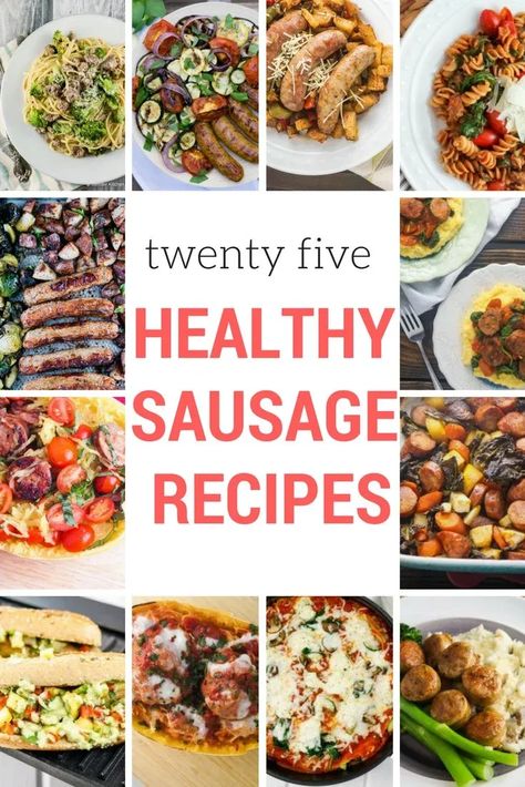 Twenty Five Delicious and Healthy Sausage Recipes that are quick, easy, and will make you rethink using sausage to make a healthy dinner. Pork Sausage Recipes Dinner, Spicy Sausage Recipes, Healthy Sausage Recipes, Beef Sausage Recipes, Sausage Salad, Pork Sausage Recipes, Recipes For Chicken, Sausage Crockpot, Slender Kitchen