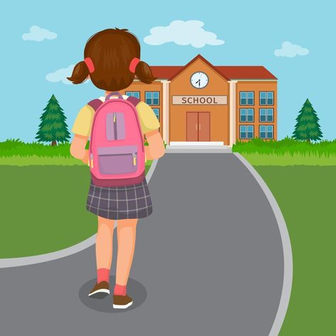 Language Activities Preschool, School Drawing, Kids Going To School, School Illustration, Walk To School, School Cartoon, School Clipart, Smart Parenting, Student Girl