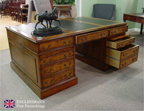 Impressive burl walnut double sided partners desk with 3 section black leather top measuring 6' x 4'. The desk features drawers, slides & file drawers on both sides and is available to order in mahogany. #desk #walnutdesk #partnersdesk #officefurniture Partners Desk, Mahogany Desk, Writing Desks, Pedestal Desk, Black Leather Top, Custom Desk, Walnut Desks, Writing Desk, Leather Top