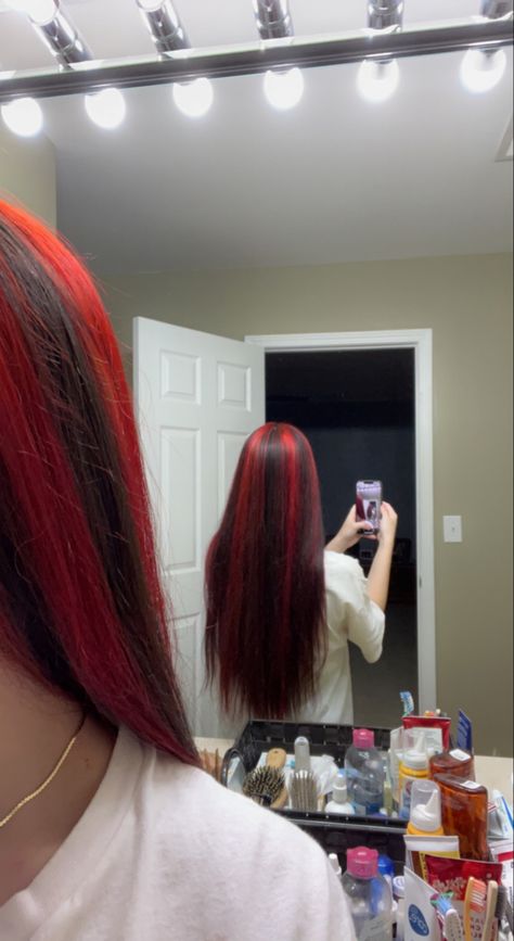 Chunky Red Highlights, Black Highlights, Red Highlights, Black Hair, Highlights, Long Hair Styles, Hair Styles, Hair, Red