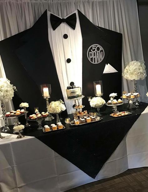 Black Tie Casino Party, Table Decoration For Men Birthday, Bow Tie Party Theme For Men, Tuxedo Party Theme, Male 60th Birthday Party Decorations, Black Tie Event Decorations Party Ideas, 70 Birthday Party Themes For Men, Black Tie 60th Birthday, Tuxedo Party Ideas