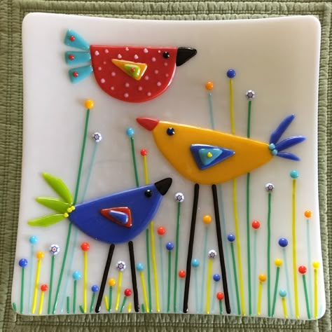 Birds in the Garden Plate by Kim Natwig. 9" square and soft fused.                                                                                                                                                                                 More Fused Glass Birds, Glass Art Ideas, Glass Fusing Ideas, Bird Template, Fused Glass Panel, Fused Glass Dishes, Fused Glass Bowl, Fused Glass Wall Art, Fused Glass Plates