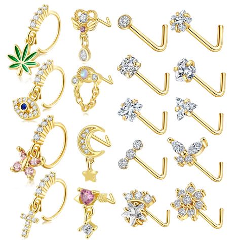 PRICES MAY VARY. Nose Ring Stud Set: Package with 18 different styles of nose piercing in an order, including 14pcs L-shaped nose studs and 4pcs dangle hoop nose rings, such as flower, butterfly, star & moon, evil eye, cubic zirconia, heart,cross shapes,etc. Enough quantity and various styles to meet your daily outfit,Economical Set which deserves your buying. Quality Materials: These novel nose piercings set are made of high quality 316L stainless steel, lightweight,hypoallergenic, nickel-free Cute Nose Piercing Jewelry, Studs Piercing, Nose Piercing Stud, Nose Piercings, Heart Butterfly, Nose Piercing Jewelry, Nose Studs, Nose Rings Hoop, Flower Butterfly