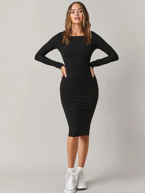 Solid Bodycon Midi Dress | SHEIN USA Long Bodycon Dress Outfit, Vestidos Sport, Office Wear Dresses, Shein Basics, Body Con Dress Outfit, Long Bodycon Dress, Sleeveless Bodycon Dress, Knitted Bodycon Dress, Bodycon Midi Dress