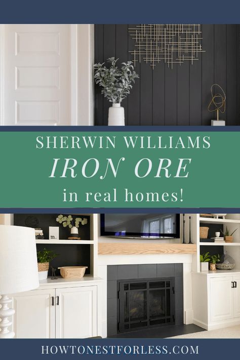 Sw Iron Ore Wainscoting, Sherwin Williams Iron Ore Shiplap Fireplace, Sw Iron Ore Bathroom Vanity, Iron Ore Chalk Paint, Iron Ore Sherwin Williams Fireplace Wall, Iron Ore Sherwin Williams Ceiling, Aw Iron Ore, Sherrington Williams Iron Ore, Iron Ore Painted Brick Fireplace