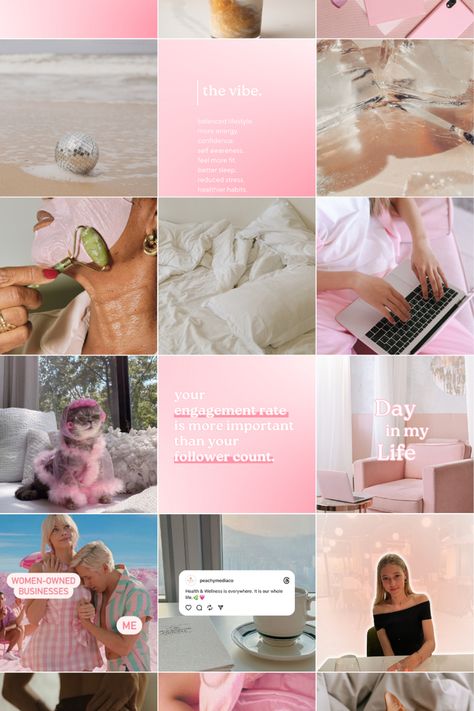 Pinterest pin featuring an image of a beautifully curated pink aesthetic Instagram feed. Creating a dreamy and aesthetic visual. Aesthetic Instagram Feed Inspo! Hashtags include #AestheticFeed #PrettyInPink #InstagramInspo Boss Babe Instagram Feed, Instagram Shop Feed, Instagram Feed Inspiration For Business, Pretty In Pink Aesthetic, Pink Marketing, Pink Instagram Feed, Pink Aesthetic Instagram, Toy Business, Ig Layout