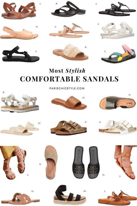 Most comfortable sandals for women for walking, travel. Best stylish sandals for travel Teva, Tory Burch, French sandals Sezane, Birkenstock, Crocs, Timberland, Chloe, French Sole. From Steve Madden sandals, inspired by the streets of New York, captures the latest in streetwear to create a collection that has taken the fashion world by storm. Tory Burch is reinventing the designer sandal with timeless silhouettes & genuine materials. #parischicstyle #parisianstyle #fashion #travel #sandals Stylish Flat Sandals For Women, Sandal Design Women, Comfortable Sandals Summer, Comfortable Flat Sandals For Women, Cute Flat Sandals Summer, Summer Dress And Sandals, Sandals For Dresses Summer, Women Summer Sandals 2023, Sandals With Dresses