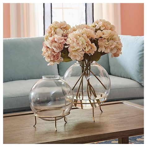 Eleanor Round Clear Glass Globe Vase with Brass Stand | Ballard Designs, Inc. Dining Room Centerpiece, Pedestal Vase, Tall Vase, Air Bnb, Accent Wall Decor, Outdoor Furniture Collections, Outdoor Cushions And Pillows, Tabletop Decor, Crystal Vase