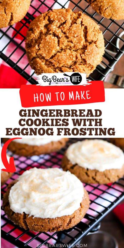 These Gingerbread Cookies are soft on the inside with a sugar coated crunch on the outside! They’re packed full of warm spices and topped with a homemade eggnog frosting to create the perfect holiday cookie! via @bigbearswife Eggnog Icing, Eggnog Frosting, Hot Chocolate Cupcakes, Homemade Eggnog, Cookie Recipes Homemade, Roll Cookies, Holiday Cookie, Homemade Cookies, Cookies Recipes Christmas