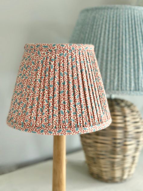 Classic empire shape lampshade, hand pleated and gathered in 100% cotton fabric. Enlarged from a tiny fragment of 19th Century patchwork, Pinto has a modern twist. Measurements listed top, bottom, side Block Print Lamp Shades, Ikat Lamp Shade, Fun Lamp Shade, Patterned Lampshades, Unique Lampshades, Pleated Lampshade, Floral Lampshade, Pinterest Contest, Luxury Bedroom Design