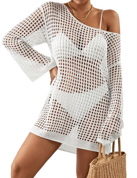 PRICES MAY VARY. An essential piece in your summer wardrobe-this cover up shows your style whether you wear it with a bikini or alone. Hollow out design improves heat dissipation, increases fashion, and highlights your graceful figure Versatile clothes that can be used on multiple occasions: daily loungewear, beach outfit, bathing suit cover up This sexy crochet top is made of lightweight fabric and will float with the wind. Wear it, and you will love the feeling when blowing the wind by the bea Cover Up For Swimsuit, Cash Mayo Beach Crochet, Bathing Suit With Cover Up, Crocheted Cover Up, Cute Bathing Suit Cover Ups, Beach Cover Up, Swimsuit Cover Up Ideas, Cali Fits, Crochet Beach Top